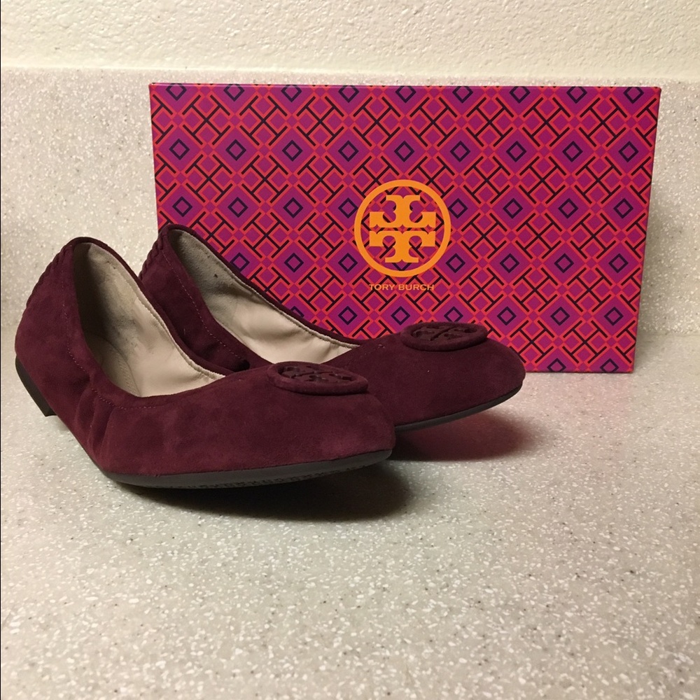 Tory Burch Burgundy Suede Flats with Logo Medallion